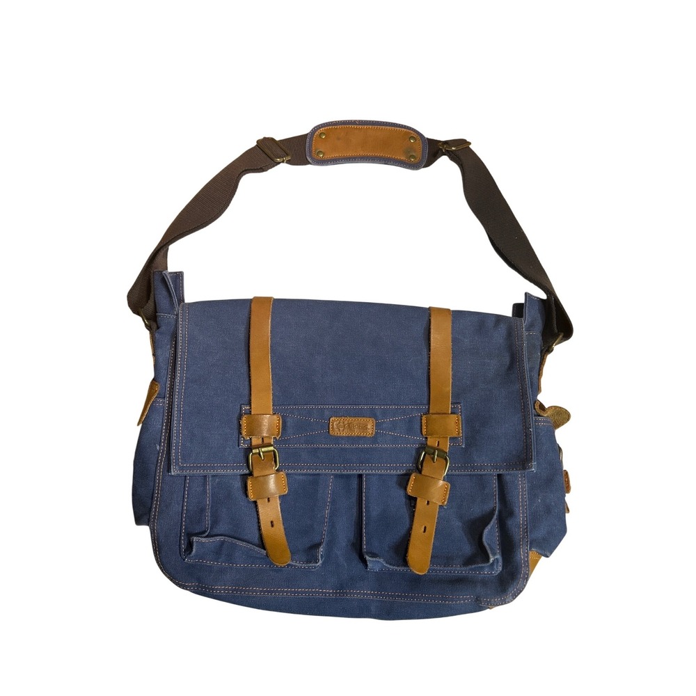 Gearonic Messenger Satchel Bag Blue Canvas Brown Leather Trim Men's Women's